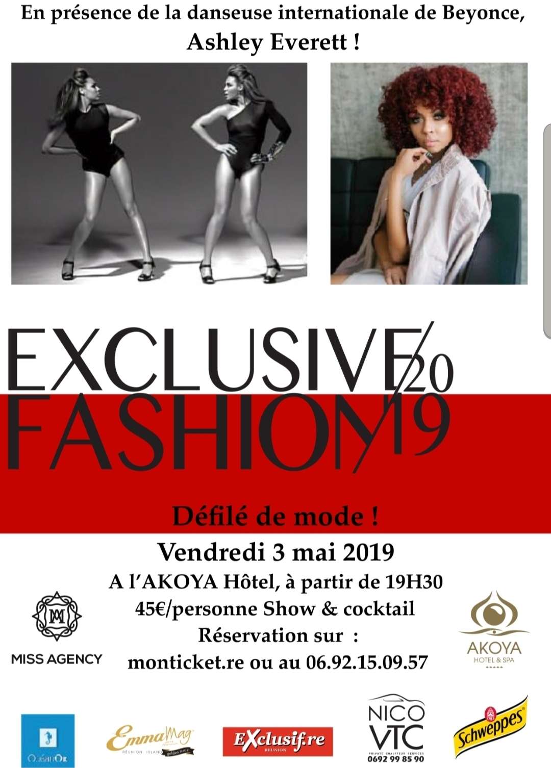 Nico VTC Partenaire Exclusive Fashion Réunion 2019 — Ashley Everett Affiche Exclusive Fashion Réunion 2019 avec Ashley Everett danseuse de Beyoncé — Nico VTC partenaire transport officiel